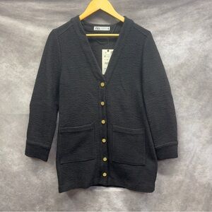 Zara Black Textured Long Cardigan Gold Buttons NWT Size Medium